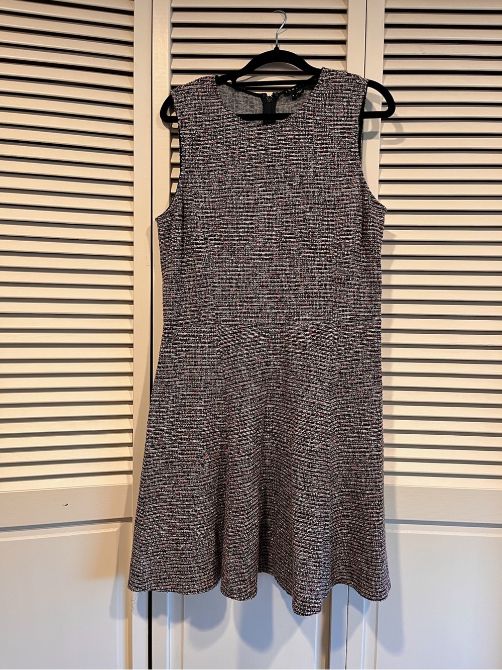 Theory Sleeveless Tweed-Look A-Line Midi Dress in Black, Red & White, FlairSkirt